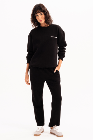 Crew Neck Embroidered Raised Fleece Inside Black Women's Sweatshirt - Rigil