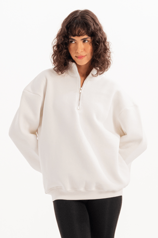 Oversize Fit Stand Collar Semi-Zippered Raised Ecru Women's Sweatshirt - Cass