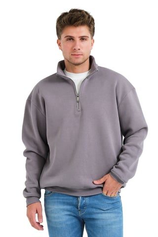 Regular Fit Stand Collar Half Zippered Raised Gray Men's Sweatshirt - Prime