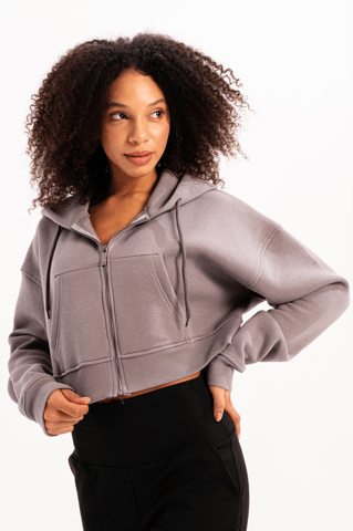 Crop Hooded Zippered Kangaroo Pocket Raised Hoodie Gray Women's Sweatshirt - Lumen