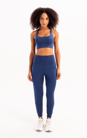High Waist Elastic Pocket Relaxed Cut Slimming Jogger Navy Blue Women's Sweatpants - Beat