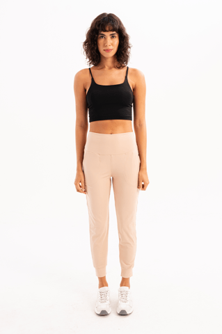 High Waist Elastic Pocket Relaxed Cut Jogger Beige Women's Tracksuit Bottoms - Beat