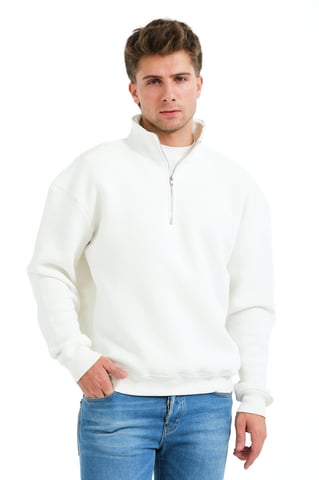 Regular Fit Stand Collar Semi-Zippered Raised Ecru Men's Sweatshirt - Prime
