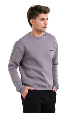 Crew Neck Embroidered Raised Polar Fleece Inside Gray Men's Sweatshirt - Volar