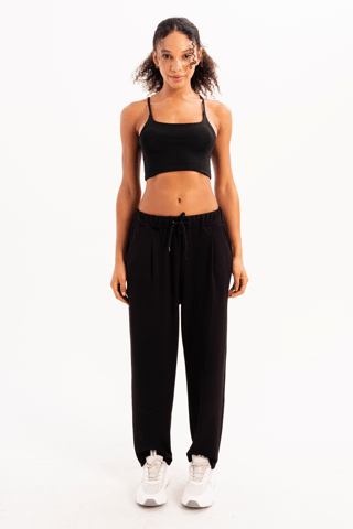 Oversize Fit Elastic Waist Pocket Relaxed Cut Black Women's Sweatpants - Flex