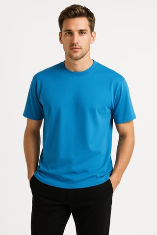 100% Cotton Oversize Fit Crew Neck Blue Men's T-Shirt - Alpha