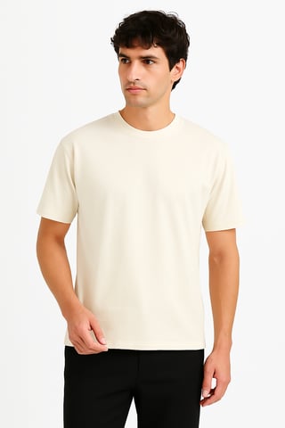 100% Cotton Oversize Fit Crew Neck Beige Men's T-Shirt - Alpha
