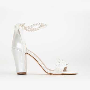 Helene Lace Bridal Heeled Sandals with Pearls