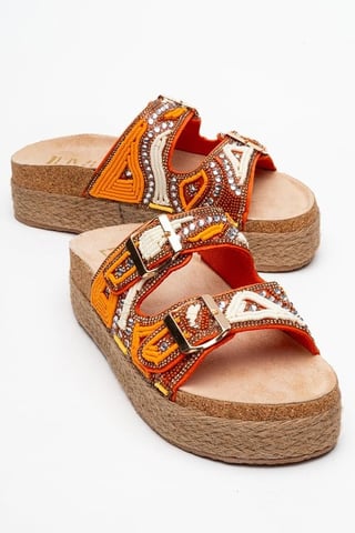 Bobby Beaded Straw Platform Slide Sandal