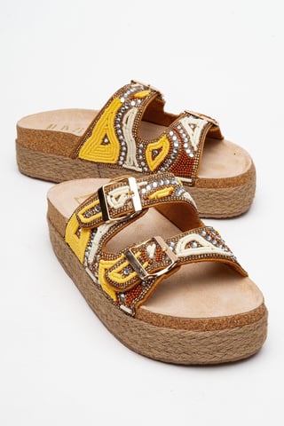 Bobby Beaded Straw Platform Slide Sandal