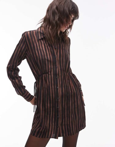 Topshop ruched side shirt mini dress in brown stripe print