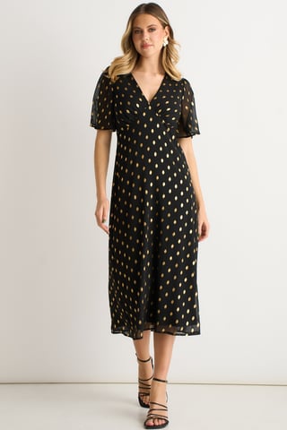 Zwarte V-Hals Folie Midi Skater Jurk