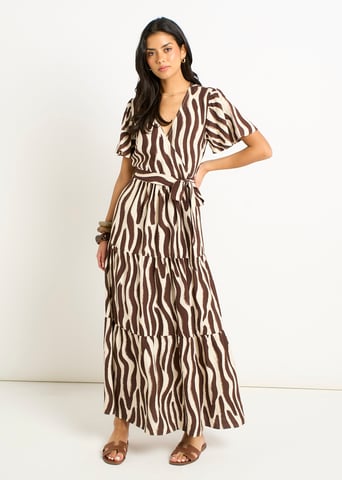 Chocoladebruine midi-jurk met zebraprint