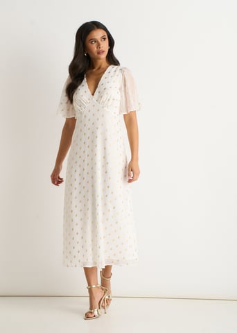 Witte midi-skaterjurk met V-hals en folieprint
