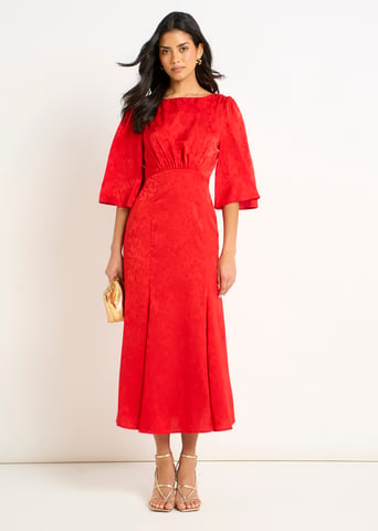 Rode satijnen jacquard midi-jurk