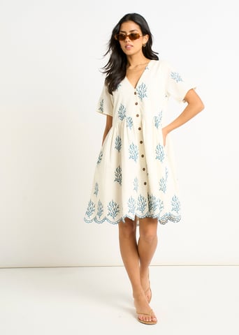 Marshmallow katoenen geborduurde smock mini-jurk