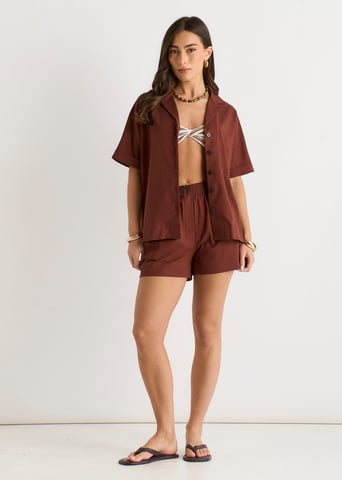 Oversized overhemd met knopen van chocoladebruin linnenmix
