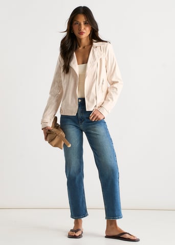 Beige corduroy motorjack met ritssluiting