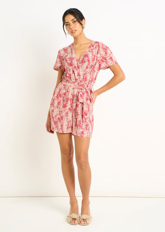 Rode abstracte dierenprint playsuit met overslag en ceintuur