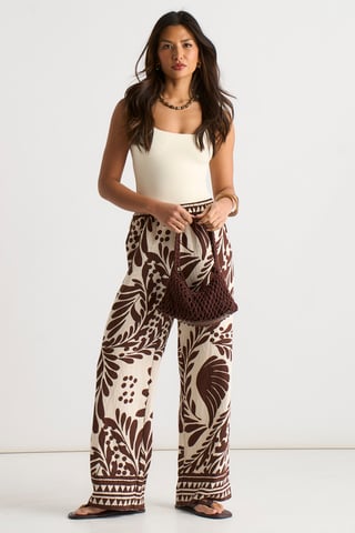 Chocoladebruine broek met elastische tailleband en randprint
