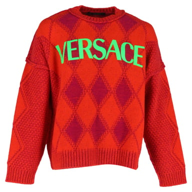 Versace Logo Argyle Sweater in Red Wool