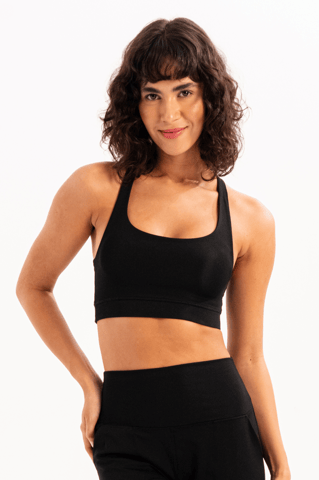 Black Women's Sports Bra with Back Detail, Light Support and Removable Pad - Surge