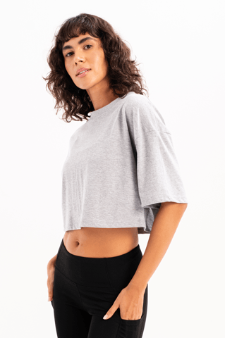 100% Cotton Crop Crew Neck Gray Women's T-Shirt - Maia