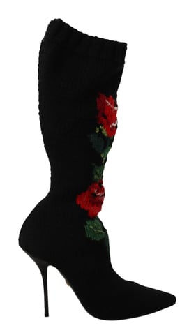 Dolce & Gabbana Svarta Stretchstrumpor Röda Rosor Boots Sko