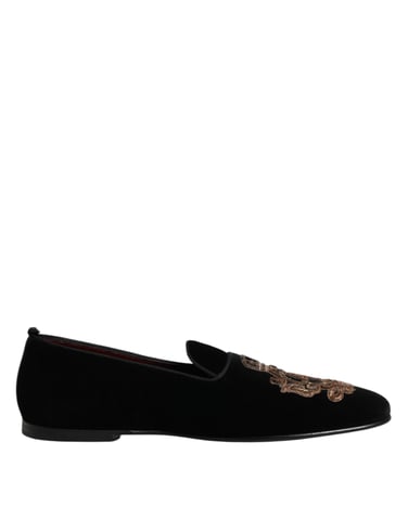 Dolce & Gabbana Svart Samtals Guld Krona Herr Loafers Skor