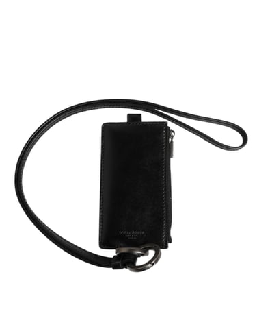 Dolce & Gabbana Black Leather Logo Embossed Lanyard Card Holder Wallet