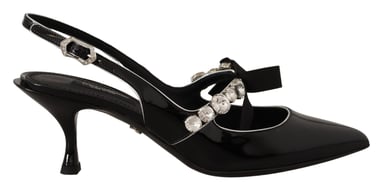 Dolce & Gabbana Zwarte Geëmailleerde Leer Crystal Slingbacks Schoenen