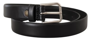 Dolce & Gabbana Black Calf Leather Silver Tone Logo Buckle Belt