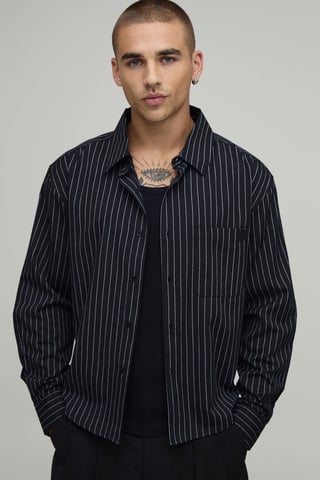 Oversized Boxy Curve Hem B Embroidery Stripe Shirt