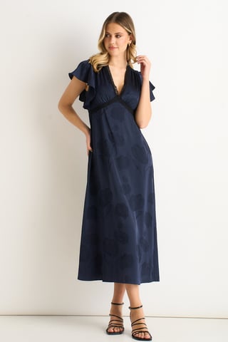 Midi-jurk van marineblauw satijn met bloemenprint en jacquardkant