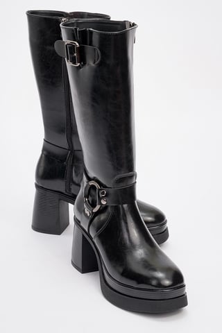 Rock Buckle Zip Block Heel Boot (Women)