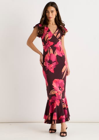 Bruine maxi-jurk met bloemenprint en gerimpelde mouwen