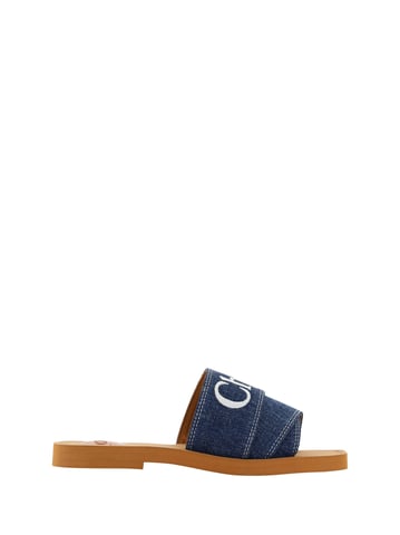 Chloé Denim Blauwe Katoenen Slides Woody Sandalen