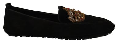 Dolce & Gabbana Svarta Läder Kristall Guld Kron Loafers Skor