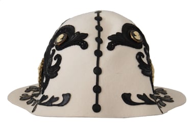Dolce & Gabbana Vit Svart Ull Broderad Cameo Brosch Hatt
