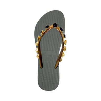 Black Flower Flip Flop Army Green