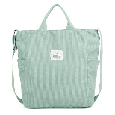 Women’s Corduroy Shoulder Bag, Large Capacity Travel Handbag in Light Green