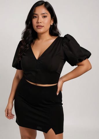 Zwarte corset-top met pofmouwen en naaddetails