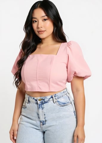 Babyroze korset-top met pofmouwen en vierkante hals