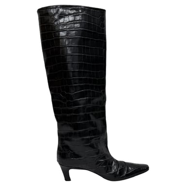 Totême Croc-Embossed Knee-High Boots in Black Lamb Leather