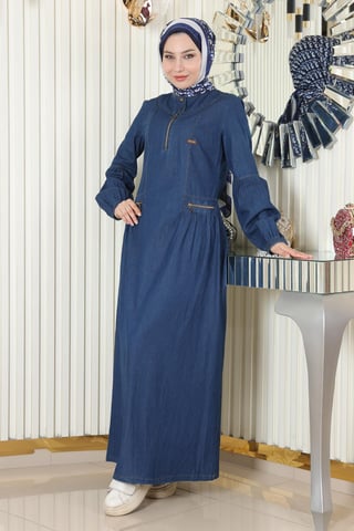 Blixtlås Detailed Denim Klänning Mörkblå