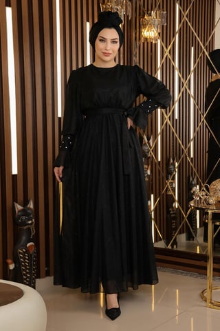 Stone Detailed Glittery Chiffon Evening Dress Black