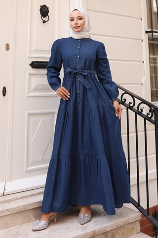 Knäppt Layered Denim Klänning Mörkblå