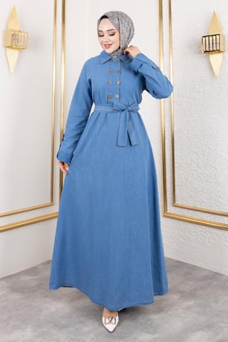Knapp Detailed Denim Klänning Ljusblå
