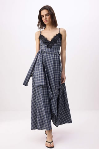 Women's Navy blue Plaid / checkered Midi Sleeveless Shift Dress