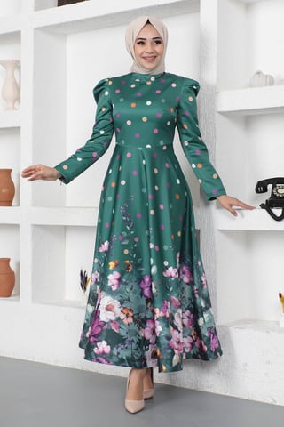 Floral Polka Dot Satin Evening Dress Emerald